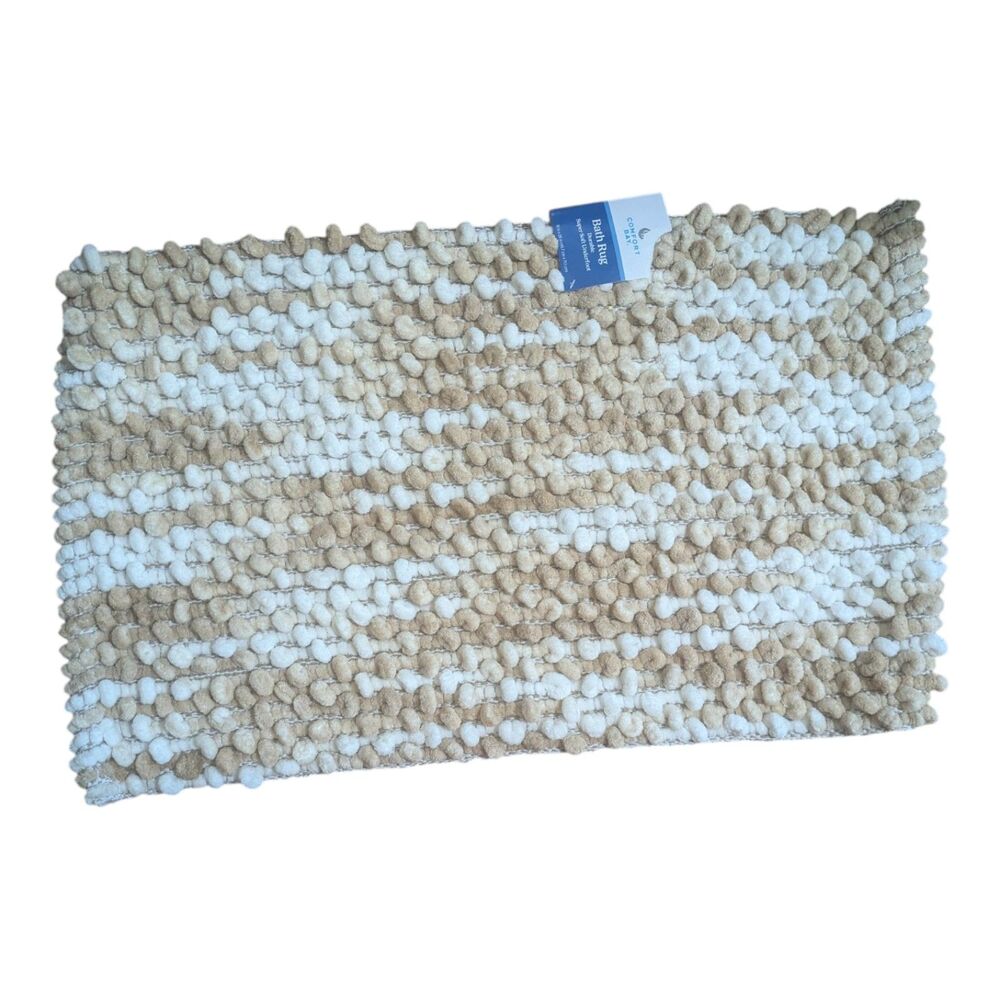 Comfort Bay Bath Rug 18" x 28" Super Soft Bathroom Mat Beige & White New